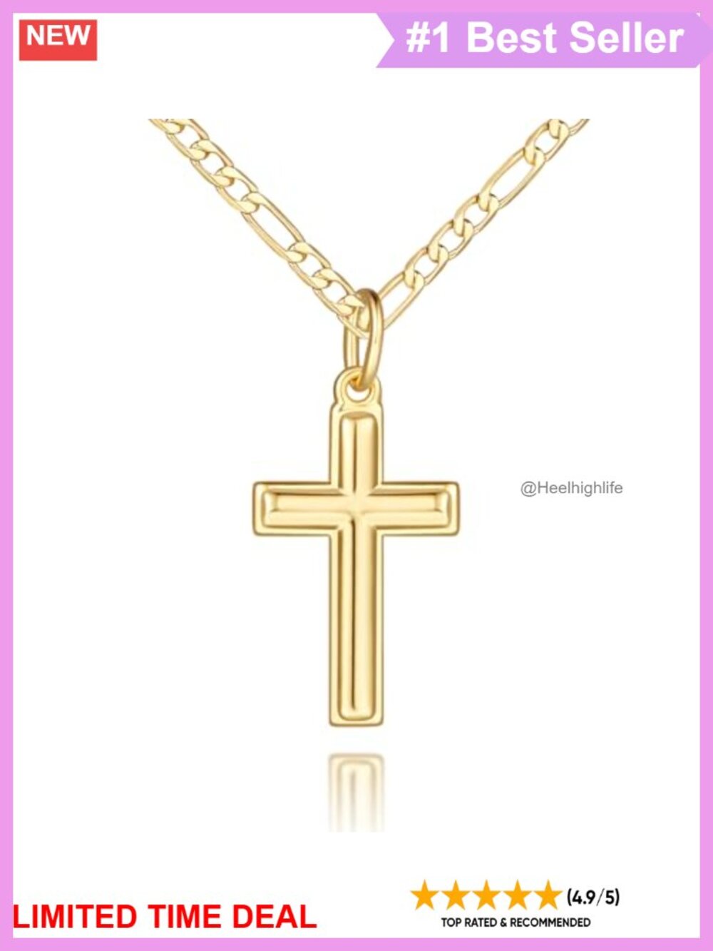 14K Gold Plated Cross Necklace Figaro Chain Pendant Necklace
